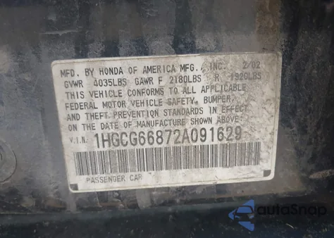 2002 Honda Accord 2.3 Ex/2.3 Se из США, поврежденный, VIN 1HGCG66872A091629